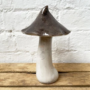 Ceramic Grey Cap Mushroom Ornament Standing Glazed Home Fairy Garden Figurine - Picture 1 of 3