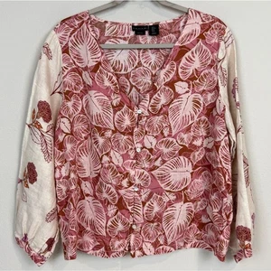 Tahari Linen Palm Leaf Button Down Top M - Picture 1 of 8