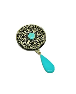 Ethnic Eastern Mandala Women’s Brooch Jewelry, One Of A Kind, Brass, Turquoise - Picture 1 of 2