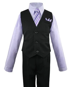 Boys Vest Set with Colored Dress Shirt, Tie Pinstripe Vest and Pants Sizes 2T-14 - Picture 1 of 33