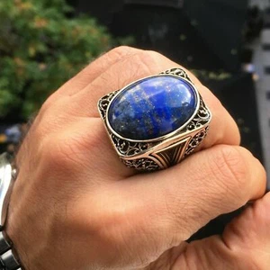 Sterling Silver Mens Ring Lapis Lazuli Large Heavy Turkish Statement Jewelry - Picture 1 of 6