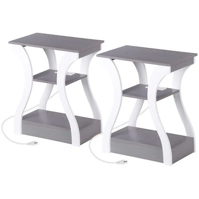 2 шт. торцевой столик с полкой для хранения и зарядной станцией для гостиной серый + белый - Изображение 1 из 4