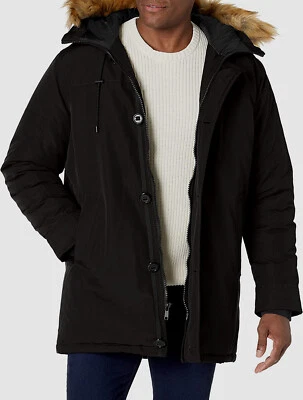 $325 Guess Men's Black Faux-fur Trim Hooded Quilted Puffer Coat Jacket Size M - Image 1 of 3