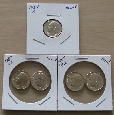 1981d,1987pd,1997pd Roosevelt Dimes, L39P16,17,18 uncirculated From US Mint sets - Image 1 of 4