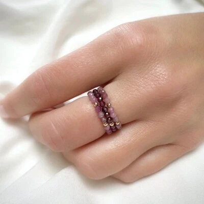 Red Garnet & Tourmaline Faceted Round Gemstone Beads Adjustable Rings For Girls - Image 1 of 4
