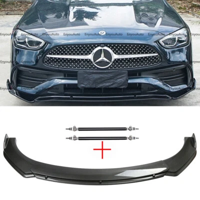 For Mercedes-Benz E200 E300 E450 Front Bumper Lip Spoiler + Strut Rods Carbon  - Imagem 1 de 4
