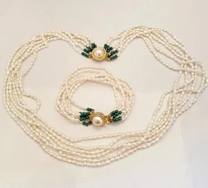Vintage Silber Box Verschluss 6 Strang Rocailles & Jade Perlen Halskette & Armband Set - Bild 1 von 8