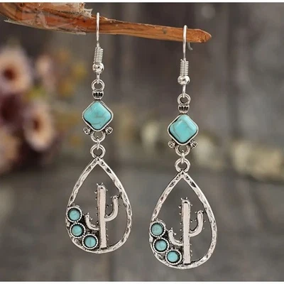 Pendientes de cactus lágrima rústicos de inspiración vintage turquesa boho hippie vaquera Foto 1 de 4