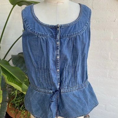 90s Vintage Sleeveless Denim Top XL Cottagecore Country Cowgirl Shirt Blouse - Image 1 of 4