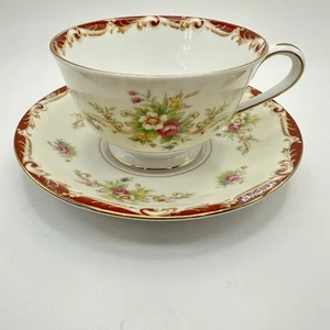 Vintage Stafford von Sango Japan Teetasse & Untertassen ~ Blumen, rote Grenze - Bild 1 von 24