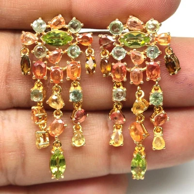 925 Sterling Silver Green Peridot & Fancy Sapphire Earrings 18K Gold Plated - Image 1 of 4
