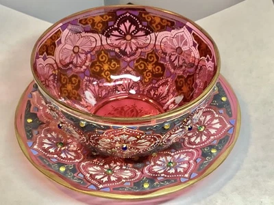 Старинный богемский стеклянный мозер с драгоценными камнями эмалированная чаша для пальцев с пластиной Exc - Изображение 1 из 4