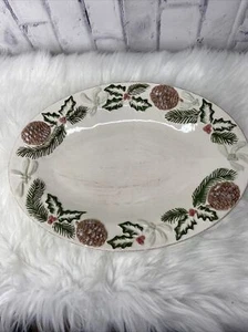 Stonelite Christmas Mistletoe Holly Pinecone Ceramic Serving Platter - Picture 1 of 4