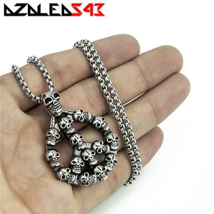 Men's Gothic Silver Skull Peace Sign Stainless Steel Pendant Chain Necklace Set - Picture 1 of 6