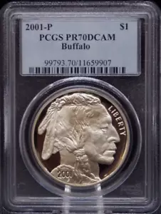 :2001-P $1 SILVER BUFFALO COMMEMORATIVE PROOF PCGS PF 70 DCAM RARITY R2 TOP POP - Picture 1 of 3
