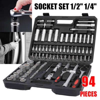 94 Piece 1/2" & 1/4" Socket Wrench Set Metric Tool Ratchet Bits Extension Bars - Image 1 of 4
