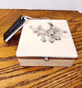 4'' Square Lt Beige Enameled Trinket Box Silver Color Bird W/Mirror - Picture 1 of 10