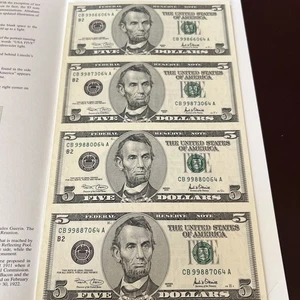 Uncut sheet of 4 2001 $5 Notes, UNC, FRN, in folder With Envelope - Picture 1 of 3