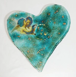 Recycelte Kunst Glas herzförmige Schüssel 8,5"" x 9"" strukturiertes Gehäuse Bild Cherubs - Bild 1 von 11