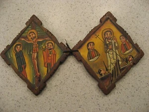 Icona etiope vintage dipinta su legno ortodossa altare crocifissione due pannelli legati - Foto 1 di 8