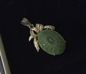 Sterling Silver 925 Jade Jadeite Carved Engraved Oval Flower Floral Pendant  D - Picture 1 of 12