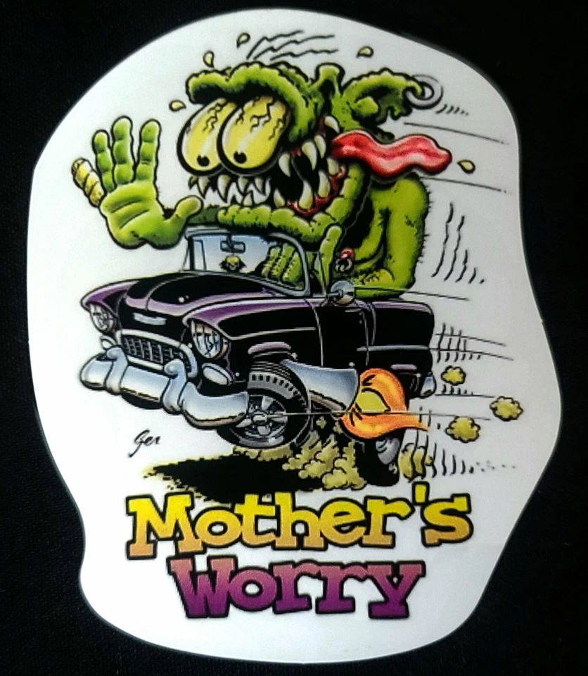 HOT ROD STICKER CHEVY "MOTHERS WORRY" 2 3/4 X 3 1/2" GLOSSY