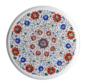 24" White Marble Coffee Table Set Lapis & Carnelian Floral Inlay Art Gift Decors - Picture 1 of 8