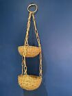 vintage retro Mcm Boho Weave wicker Double hanging Baskets planter / plant pot