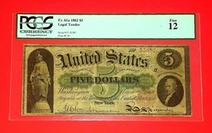 {USA/1862 $5 Legal Tender/ FR-61a/ Grade Fine-12 / SN# 55387 / Scarce offer!} - Picture 1 of 2