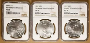 1994 3-Piece Veterans Commemorative Silver Dollars NGC MS70 - Picture 1 of 2