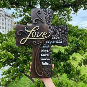 Carved Wooden Christian Cross Art, Love Decoration, spiritual Wall Sign 10in - Picture 1 of 5