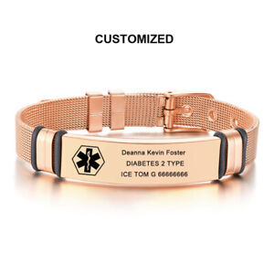 Women Rose Gold Medical Alert ID Bracelet Personalized Engrave Watchband Bangle