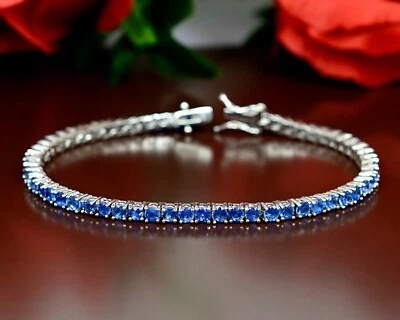 Brazalete de tenis natural de plata de ley 925 con piedras preciosas de cianita del Himalaya redonda de 3 mm Foto 1 de 4