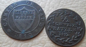 Swiss Cantons, 1/2 batzen: Graubunden 1812 & Vaud 1810, circulated - Picture 1 of 2