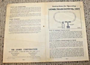 Lionel Postwar #1465 Lionel Train Outfit Instruction Sheet #1465-10 4-52 Nice - Picture 1 of 2
