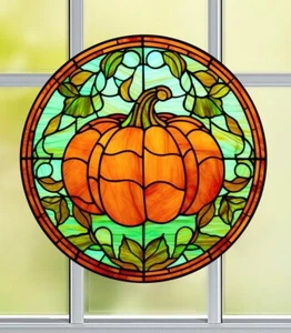 Fall Pumpkin Faux Stained-Glass WINDOW CLING Size 8" Round Vinyl - Picture 1 of 1