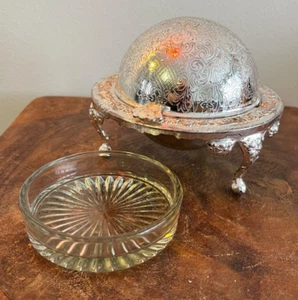 Vtg Silver Tone Roll Top Dome Butter Caviar Server Glass Insert England READ - Picture 1 of 14