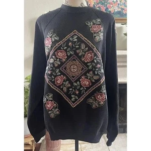 Tultex Sweats Appeals Vtg Black Pullover Rose Floral L Made In USA - Picture 1 of 10