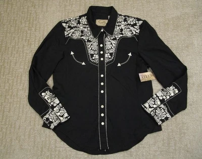 Scully Shirt Women Medium Black Western Pearl Snap Floral Embroidered Rodeo Top - Image 1 of 4