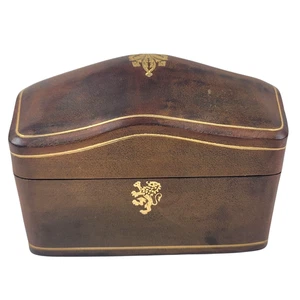 Vintage Embossed Brown Leather Gilt Double Deck Playing Card Holder Box Italy - Picture 1 of 11