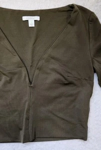 KOOKAI sz XS S 1 / 8 / 10 Army Green Long Sleev Stretch CROP TOP V-neck #C1 - Picture 1 of 6
