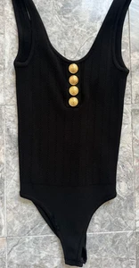 BALMAIN Sleeveless black bodysuit 4 gold Logo buttons sz FR 36 US 2 NWOT - Picture 1 of 5