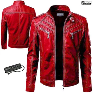 Herren Rot Lederjacke Biker Motorrad Retro Classic Racer Echtleder - Bild 1 von 12