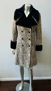 VTG 60S 70S TAPESTRY MOD NOTCH FAUX FUR COLLAR CUFFS BELTED BACK CARPET COAT M - Picture 1 of 7