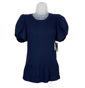 1.STATE Women's Top Puff Short Sleeve Small Blouse Ribbed Cotton Navy Blue - Picture 1 of 6