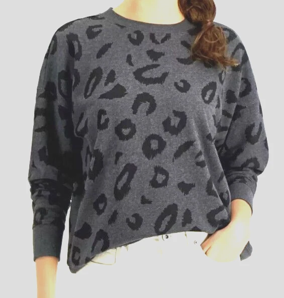 Style & Co女式L豹套衫长袖法国特里灰色黑色 — 第 1/4 张图片