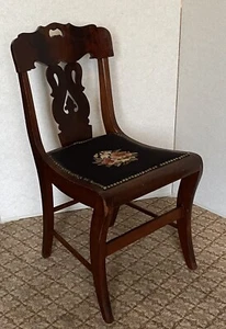 Antique Mahogany Empire Side Chair Reticulated Splat Back Swan Needlepoint Seat - Picture 1 of 24