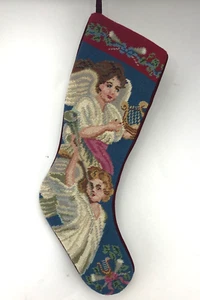 Needlepoint Christmas Angel Playing Harp Stocking 20" - Burgundy Backside - Picture 1 of 5