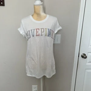 Victoria Secret Bling Logo T-Shirt weiß mehrfarbig Logo Gr. XL ** - Bild 1 von 8