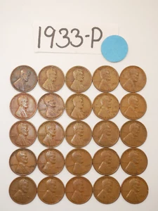 1933-P CENT ROLLE SOLIDES DATUM = 25 LINCOLN WEIZENPENNIES (8+ ARTIKEL KOSTENLOSER VERSAND) - Bild 1 von 2